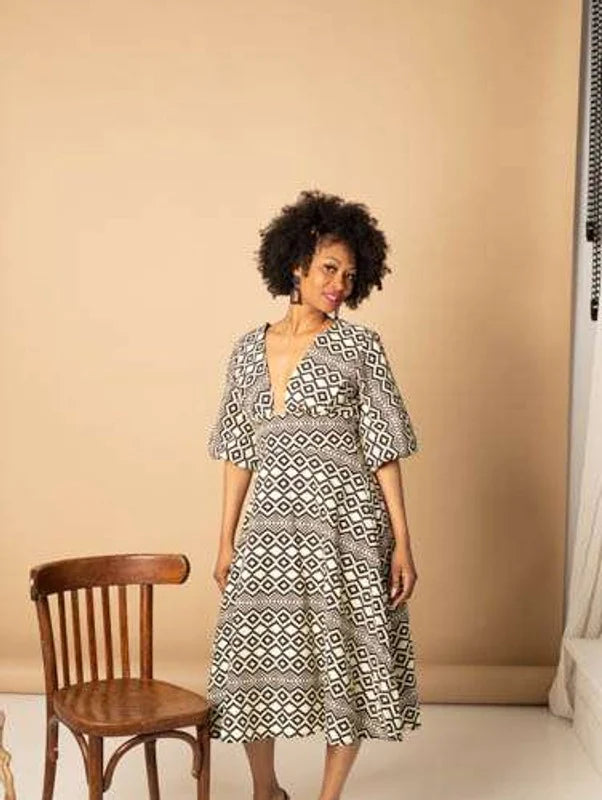 Zuri Puffy sleeve midi Dress Esengo